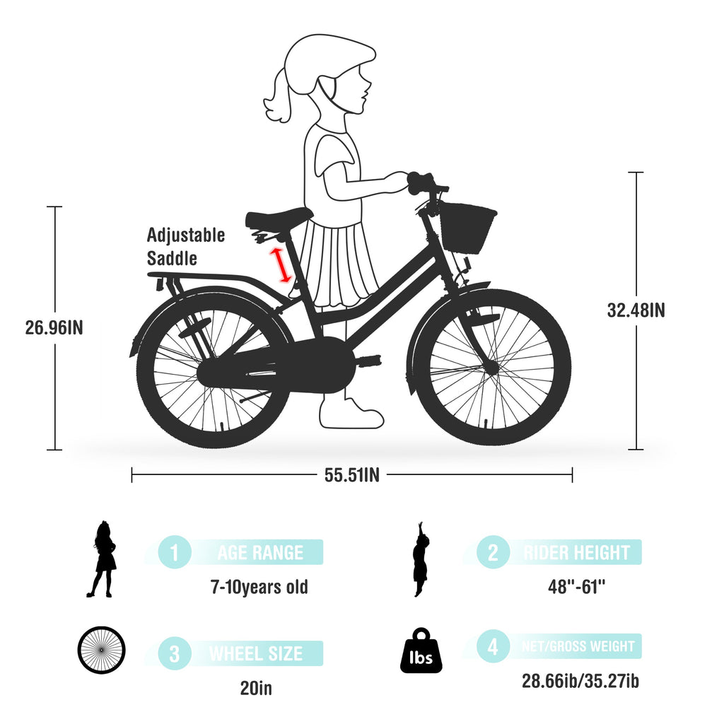 Girls Bike with Basket for 7-10 Years Old Kids - 20 Inch Wheel