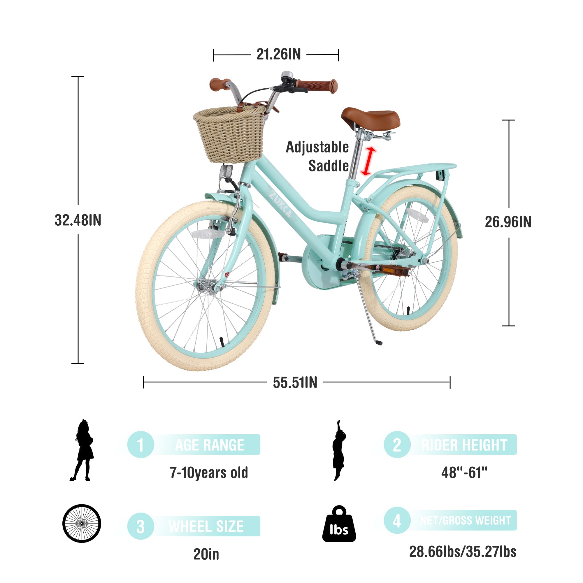 Girls Bike with Basket for 7-10 Years Old Kids - 20 Inch Wheel