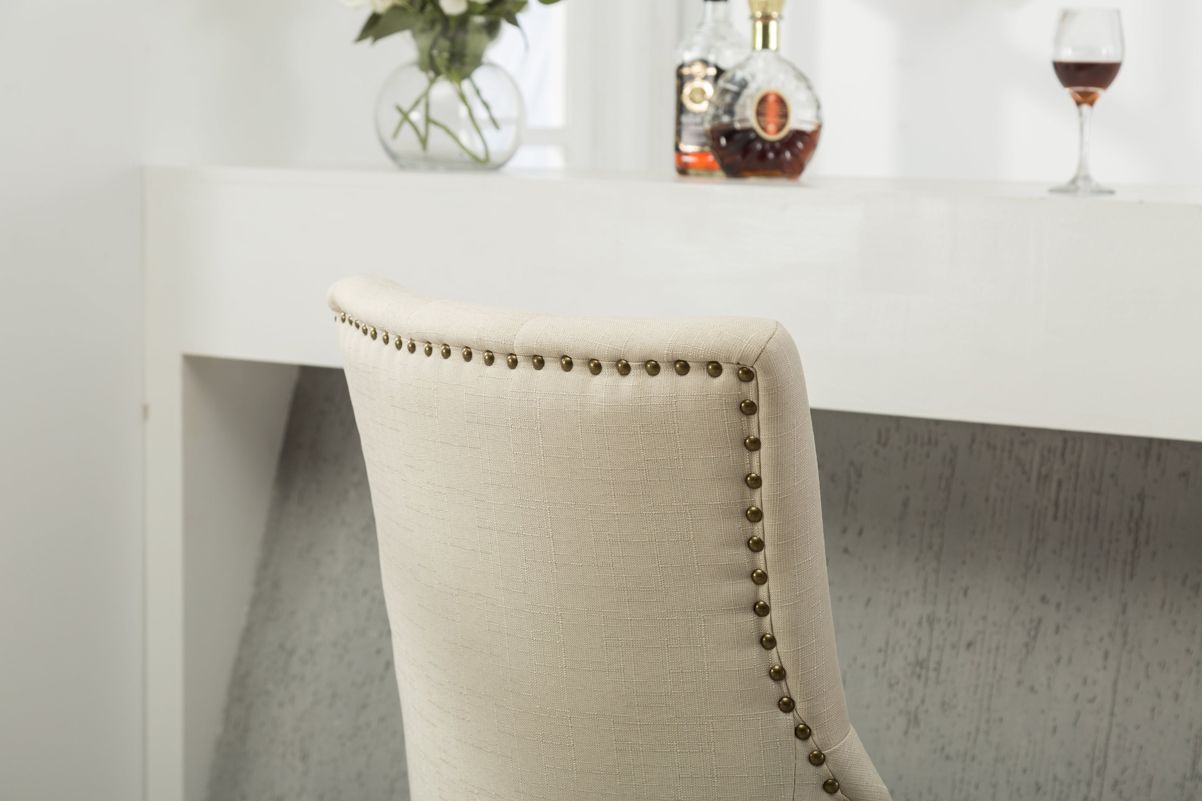 Tan Button Tufted Solid Wood Wingback Hostess Chairs Set of 2