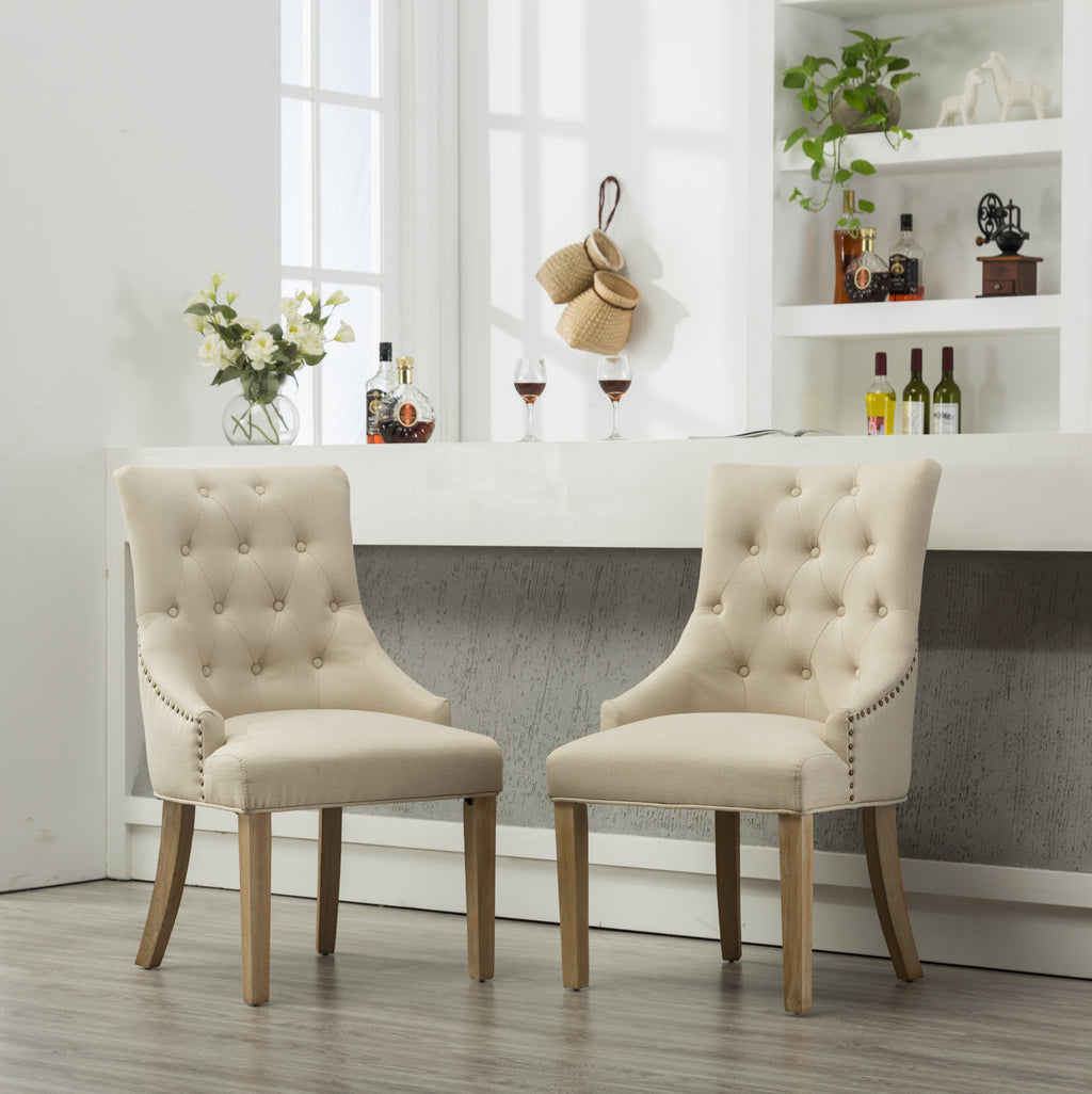 Tan Button Tufted Solid Wood Wingback Hostess Chairs Set of 2