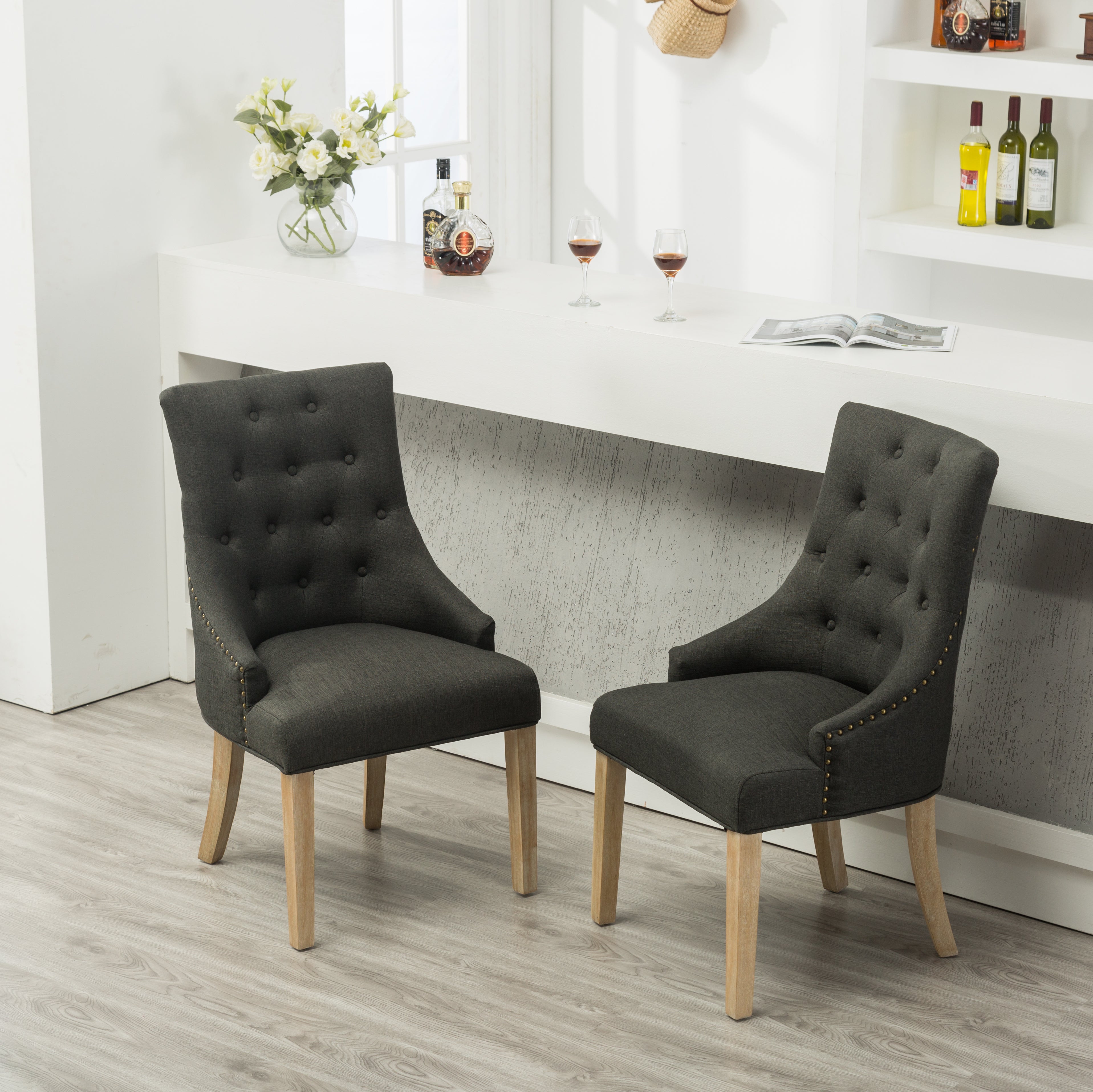 Charcoal Button Tufted Wingback Hostess Chairs Set of 2