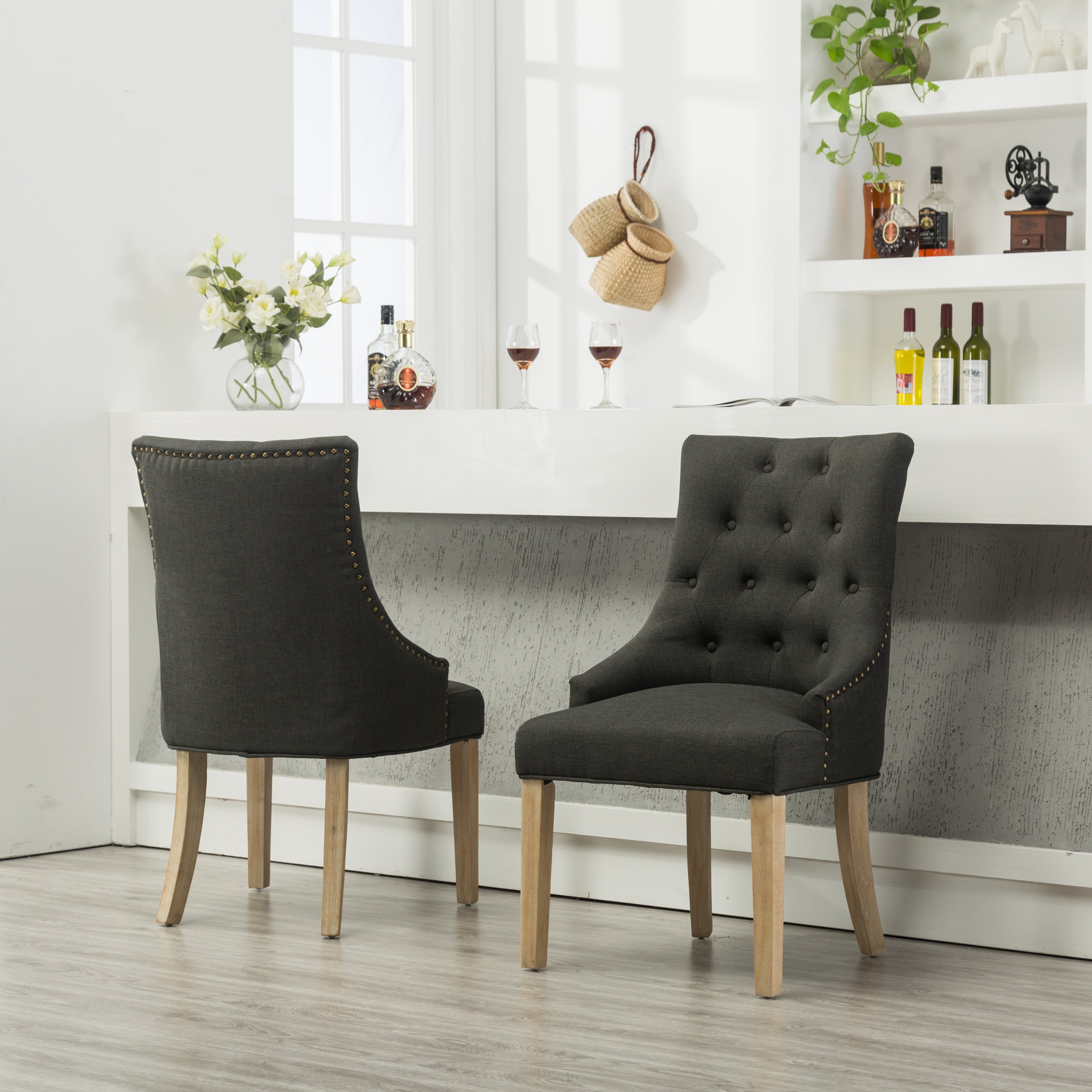 Charcoal Button Tufted Wingback Hostess Chairs Set of 2