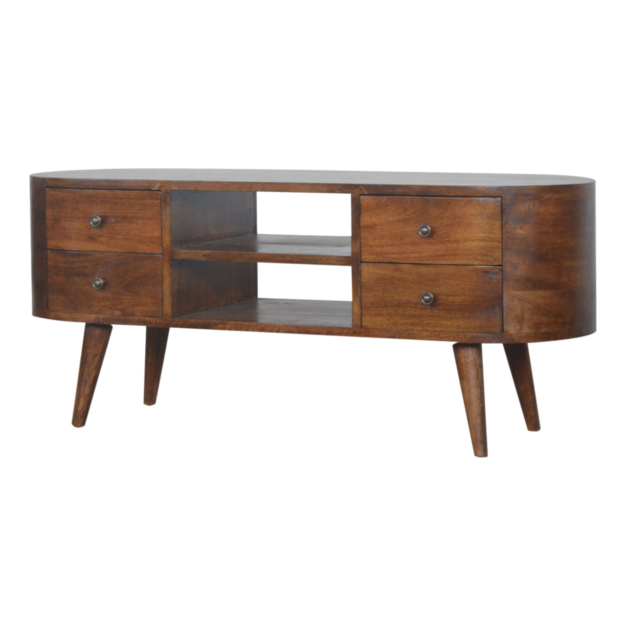 Chestnut Rounded Entertainment Unit, Nordic Legs, 4-Drawers, 2 Open Slot