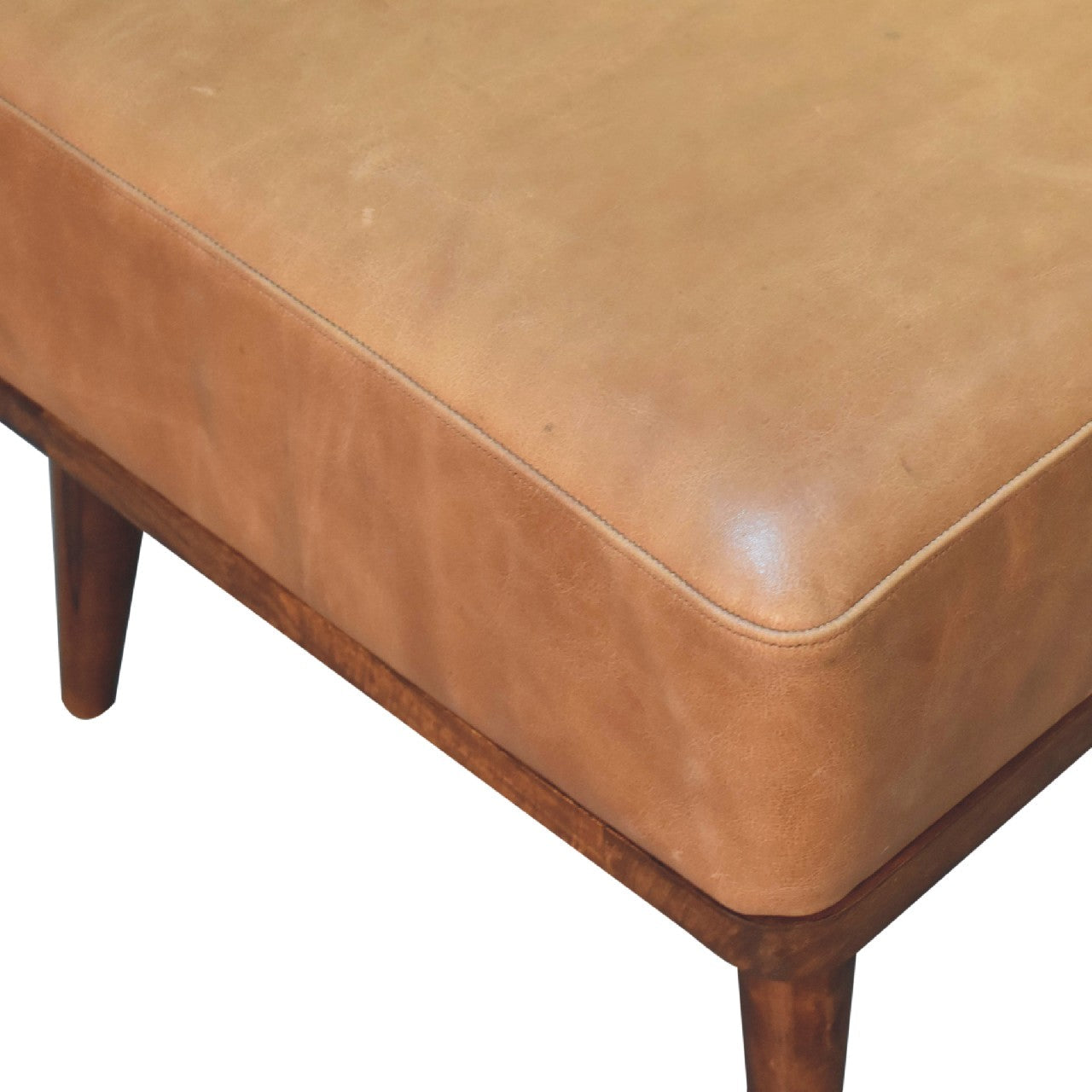 Tan Buffalo Leather Footstool, Upholstered, Nordic Legs