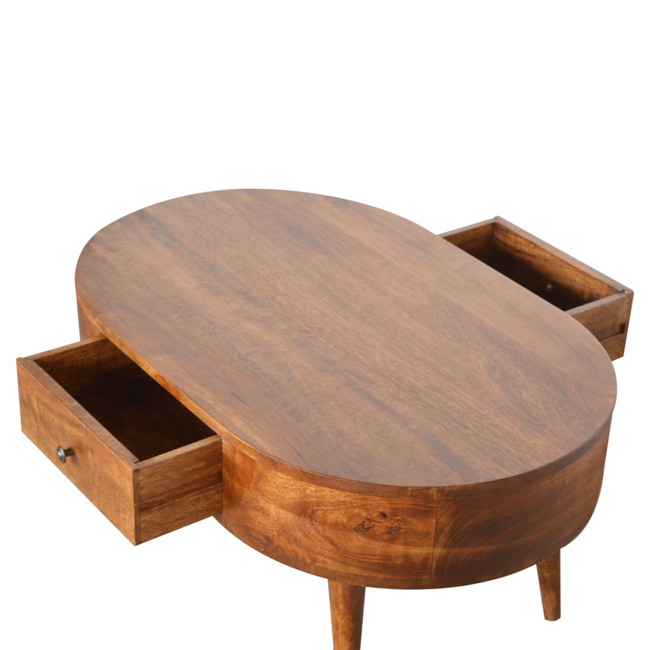 Chestnut Rounded Coffee Table, Nordic Legs, 2-Drawers