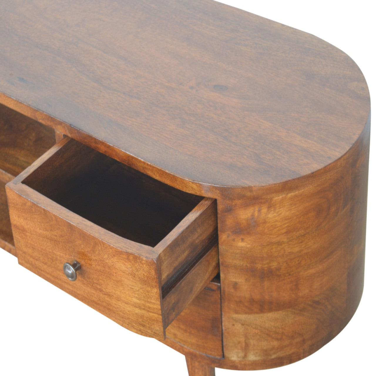 Chestnut Rounded Entertainment Unit, Nordic Legs, 4-Drawers, 2 Open Slot
