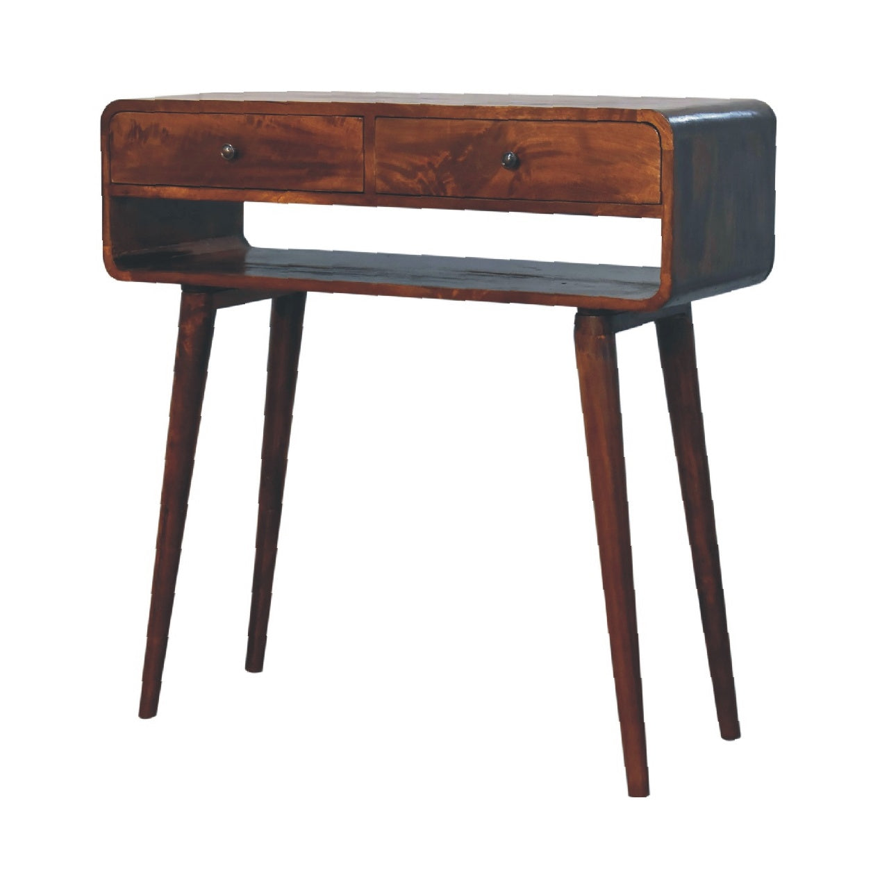 Sonata Chestnut Console Table, Nordic Legs, 2-Drawers, Open Slot