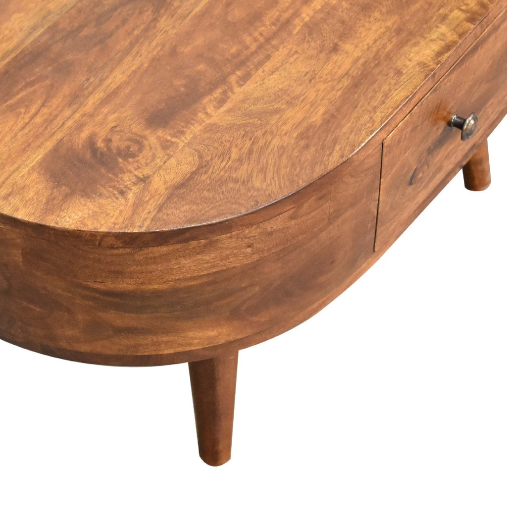 Solid Wood Mini Chestnut Rounded Coffee Table, 2-Drawers