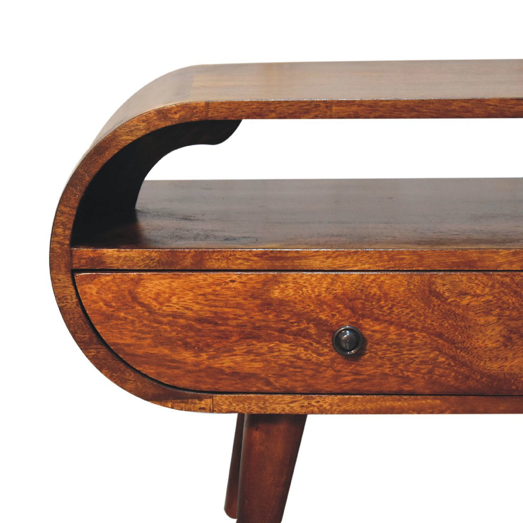Chestnut Circular TV Stand, 2-Drawers, Open Slot, Nordic Legs
