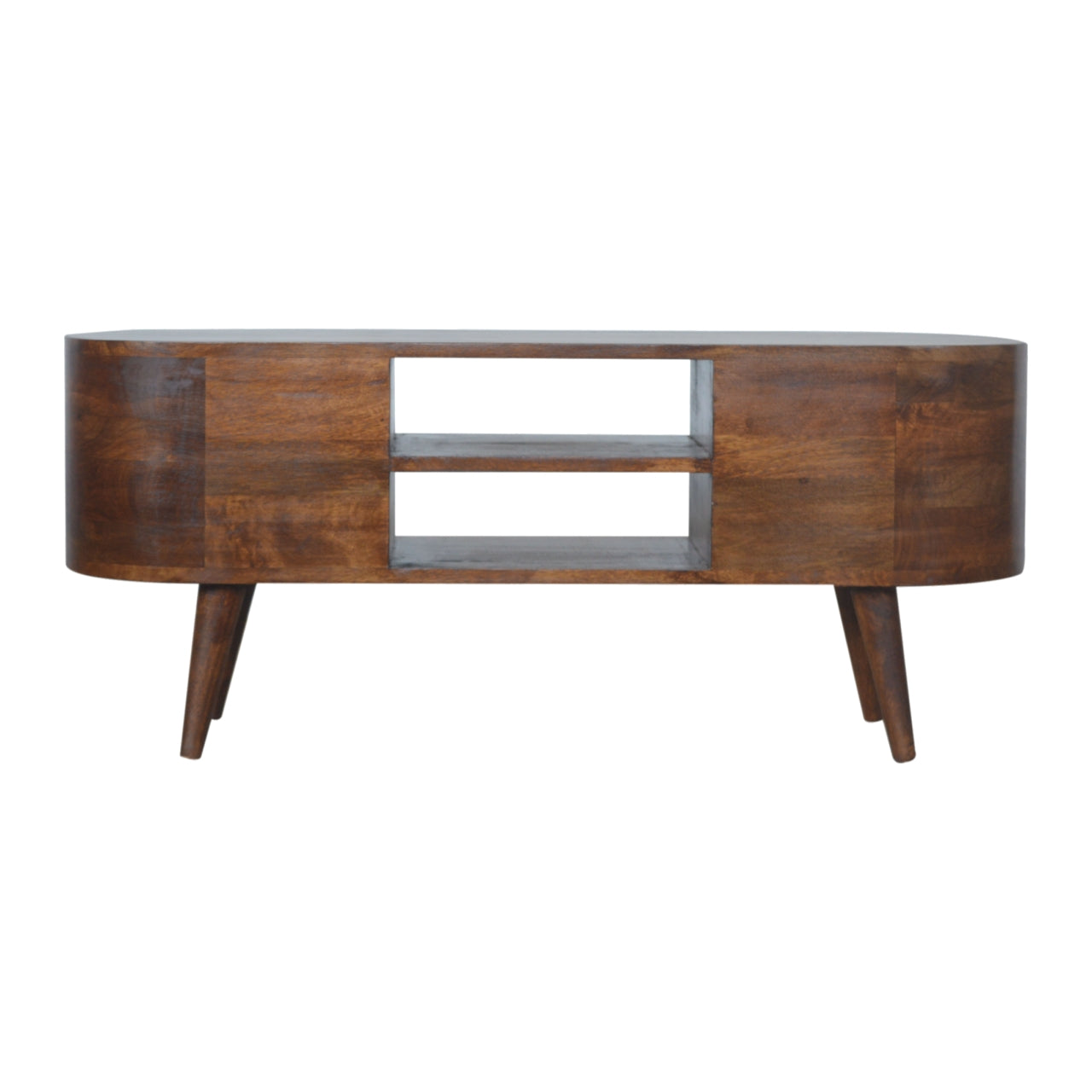 Chestnut Rounded Entertainment Unit, Nordic Legs, 4-Drawers, 2 Open Slot