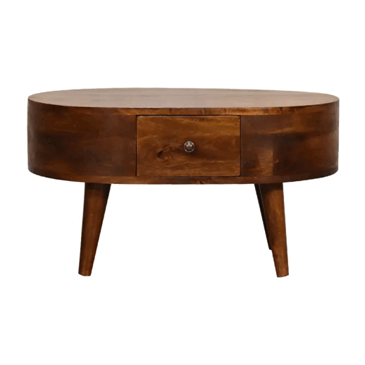 Solid Wood Mini Chestnut Rounded Coffee Table, 2-Drawers