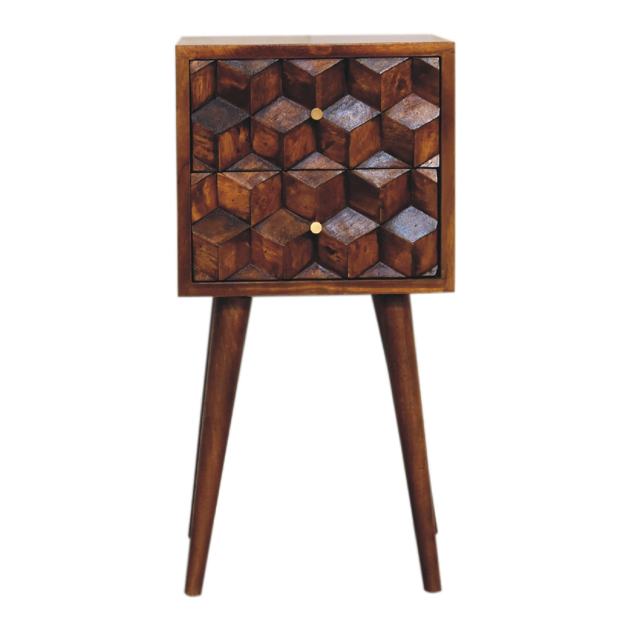 Solid Wood Mini Cube Nightstand, 2-Drawers, Chestnut