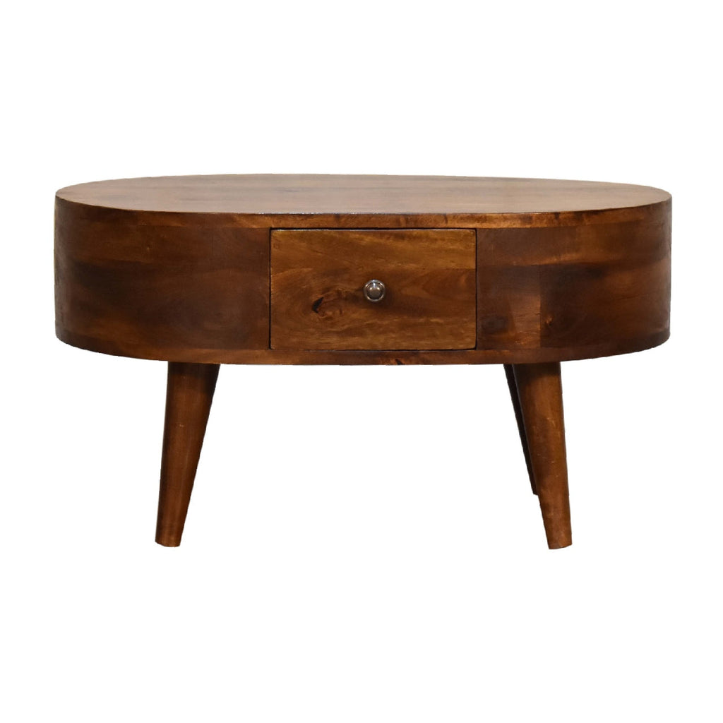 Solid Wood Mini Chestnut Rounded Coffee Table, 2-Drawers