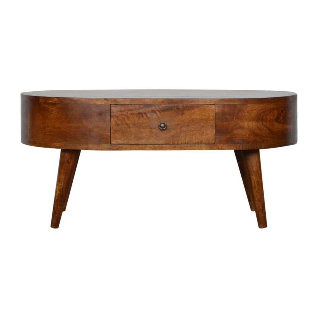 Chestnut Rounded Coffee Table, Nordic Legs, 2-Drawers