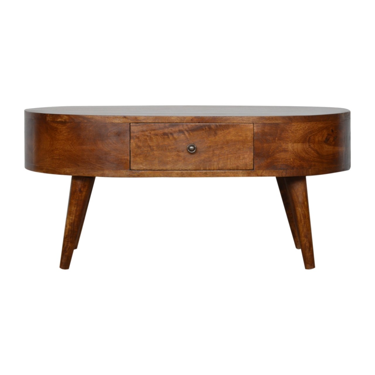 Chestnut Rounded Coffee Table, Nordic Legs, 2-Drawers
