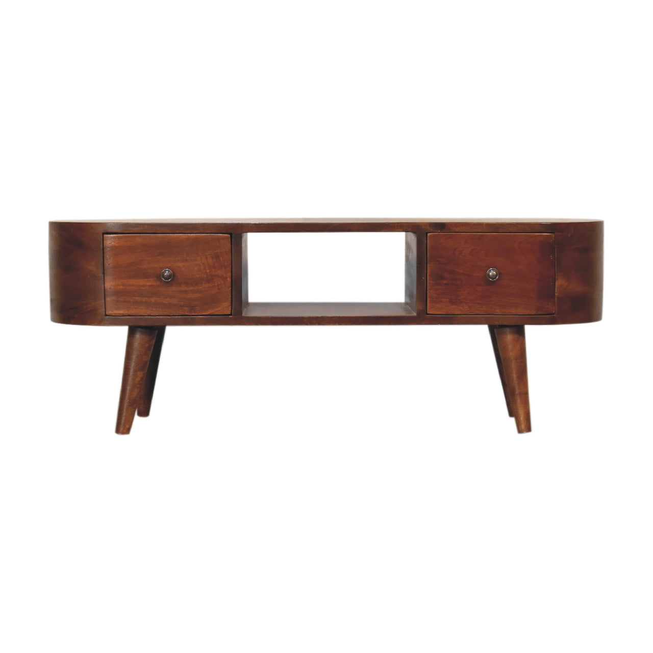 Chestnut Round Open Media Unit, 2-Drawers, 1 Open Slot