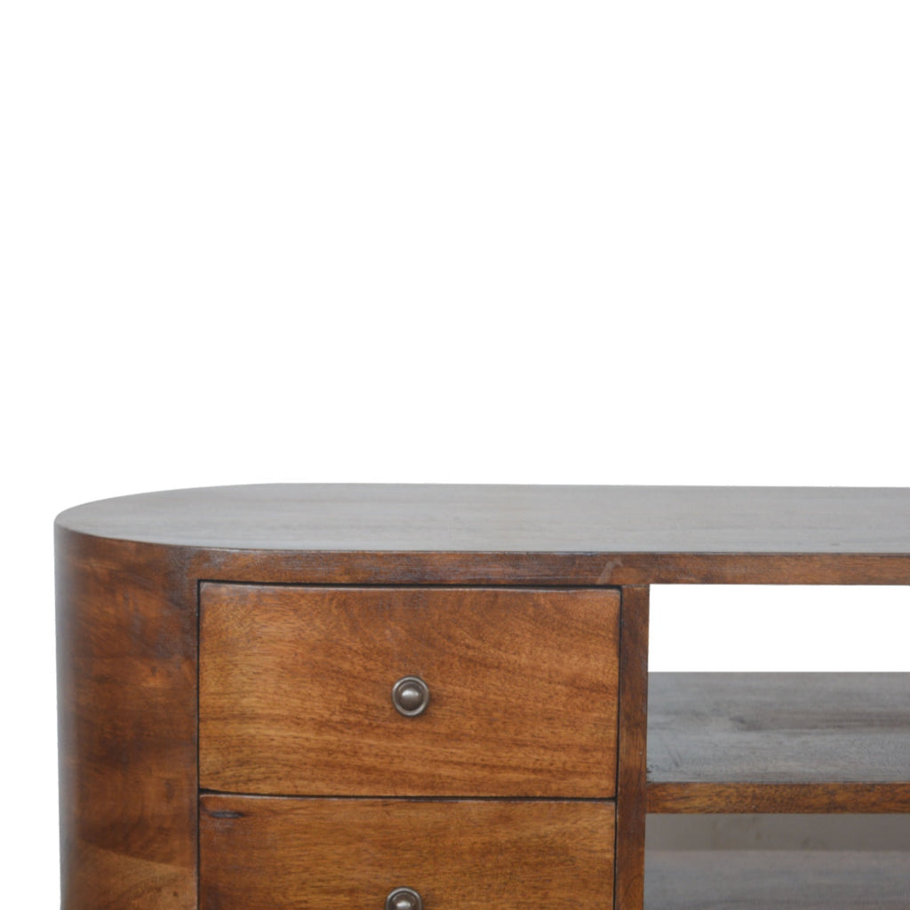 Chestnut Rounded Entertainment Unit, Nordic Legs, 4-Drawers, 2 Open Slot
