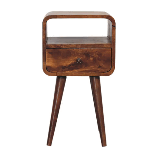Solid Wood Mini Curve Bedside, 1-Drawer, 1 Open Slot, Chestnut