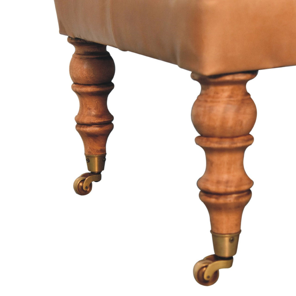 Solid Wood Buffalo Leather Ottoman with Castor Legs