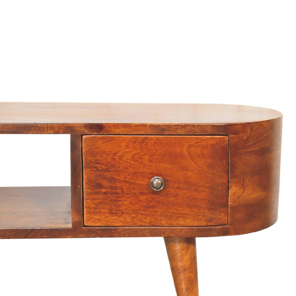 Chestnut Round Open Media Unit, 2-Drawers, 1 Open Slot