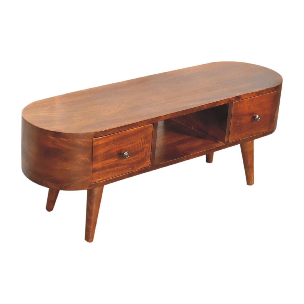 Chestnut Round Open Media Unit, 2-Drawers, 1 Open Slot