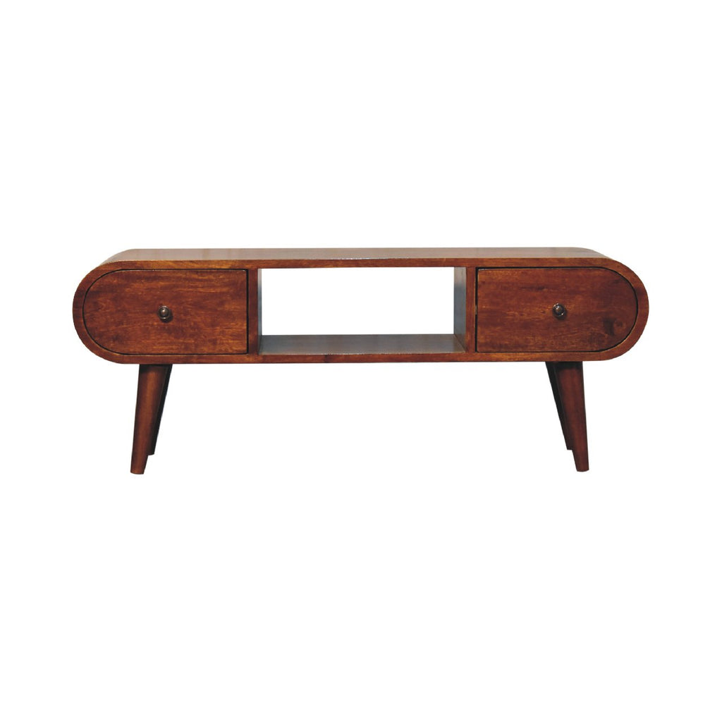 Solid Wood Chestnut Circular TV Unit, Nordic Legs, 2-Drawers, Open Slot