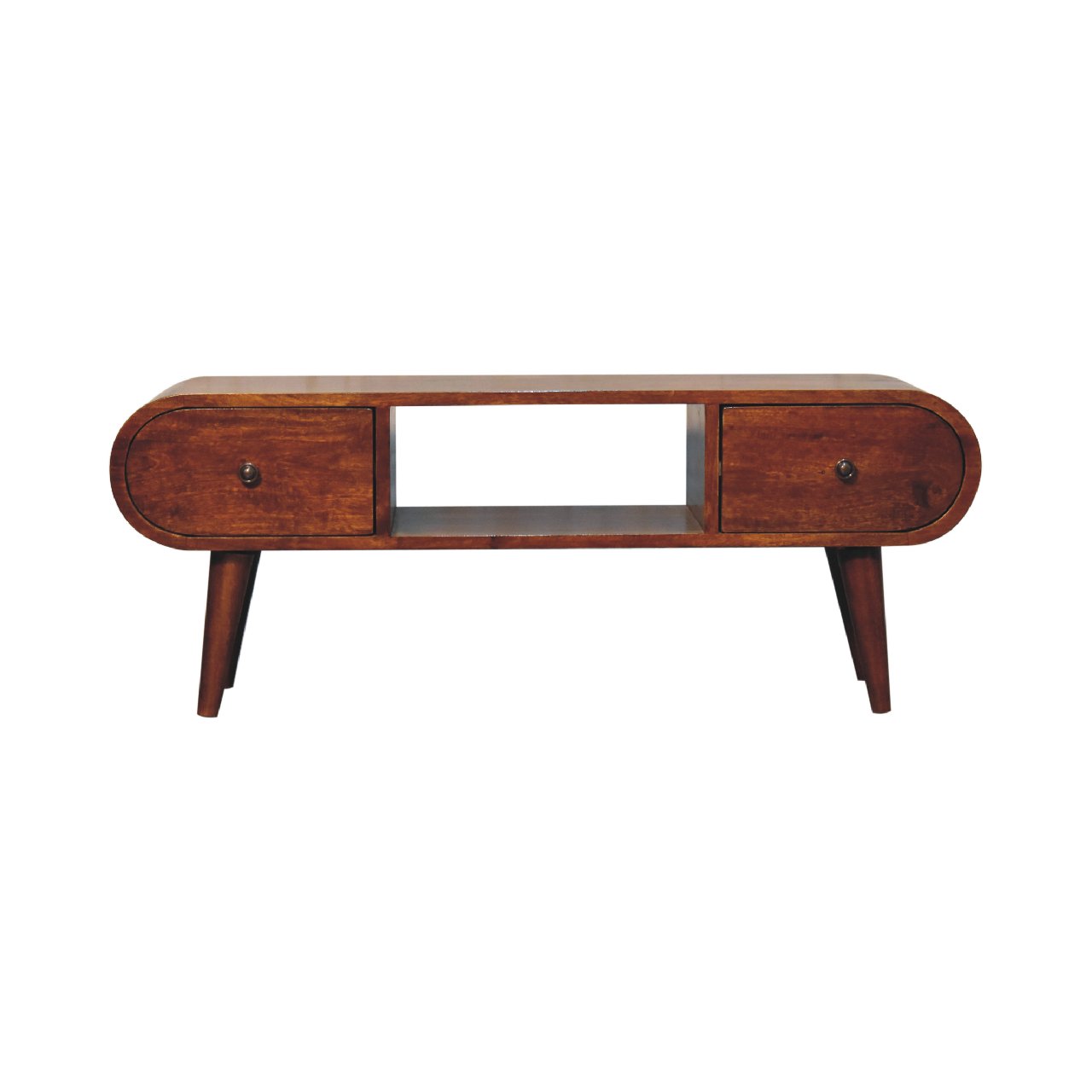Solid Wood Chestnut Circular TV Unit, Nordic Legs, 2-Drawers, Open Slot