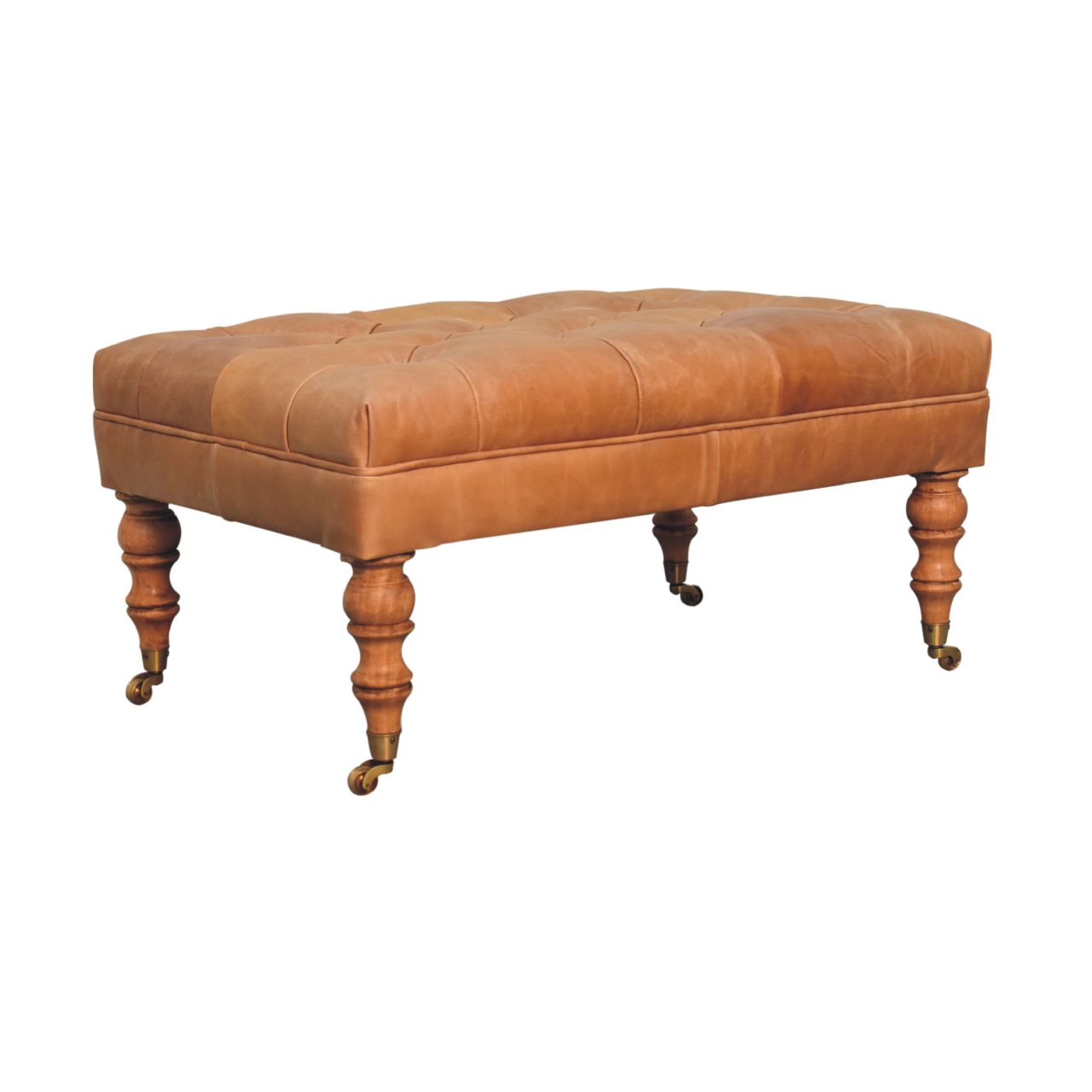 Solid Wood Buffalo Leather Ottoman with Castor Legs