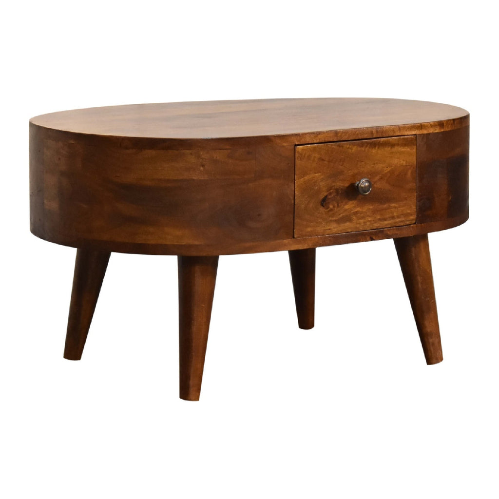 Solid Wood Mini Chestnut Rounded Coffee Table, 2-Drawers