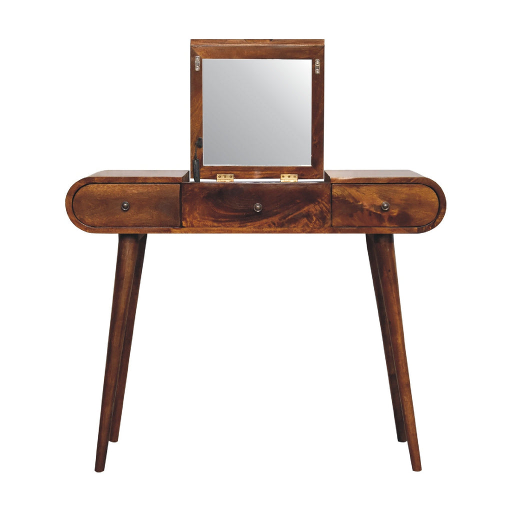 Chestnut Mirror Dressing Table, Nordic Legs, 2-Drawers, Compartments for Storage