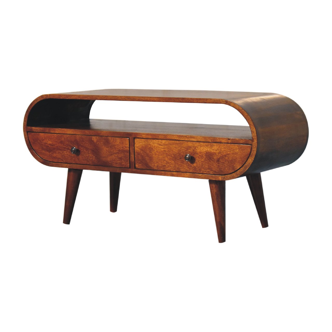 Chestnut Circular TV Stand, 2-Drawers, Open Slot, Nordic Legs