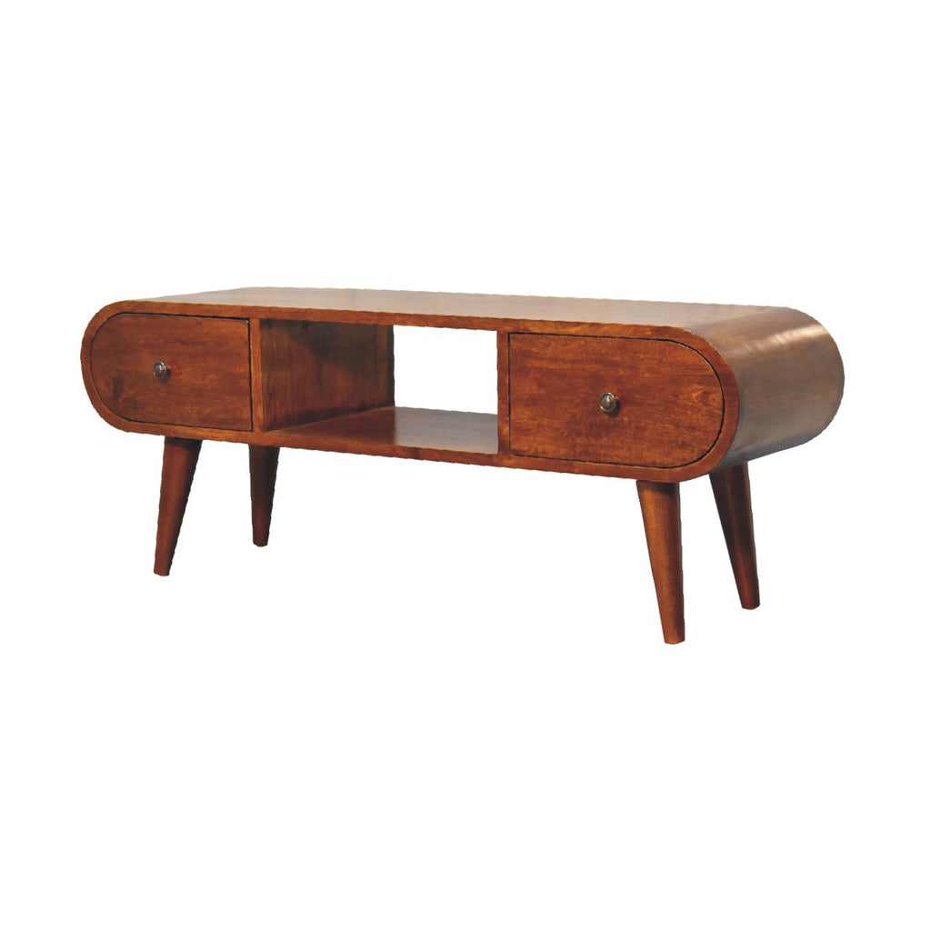 Solid Wood Chestnut Circular TV Unit, Nordic Legs, 2-Drawers, Open Slot
