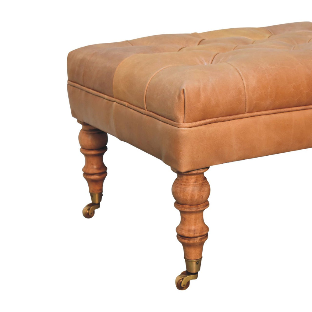 Solid Wood Buffalo Leather Ottoman with Castor Legs