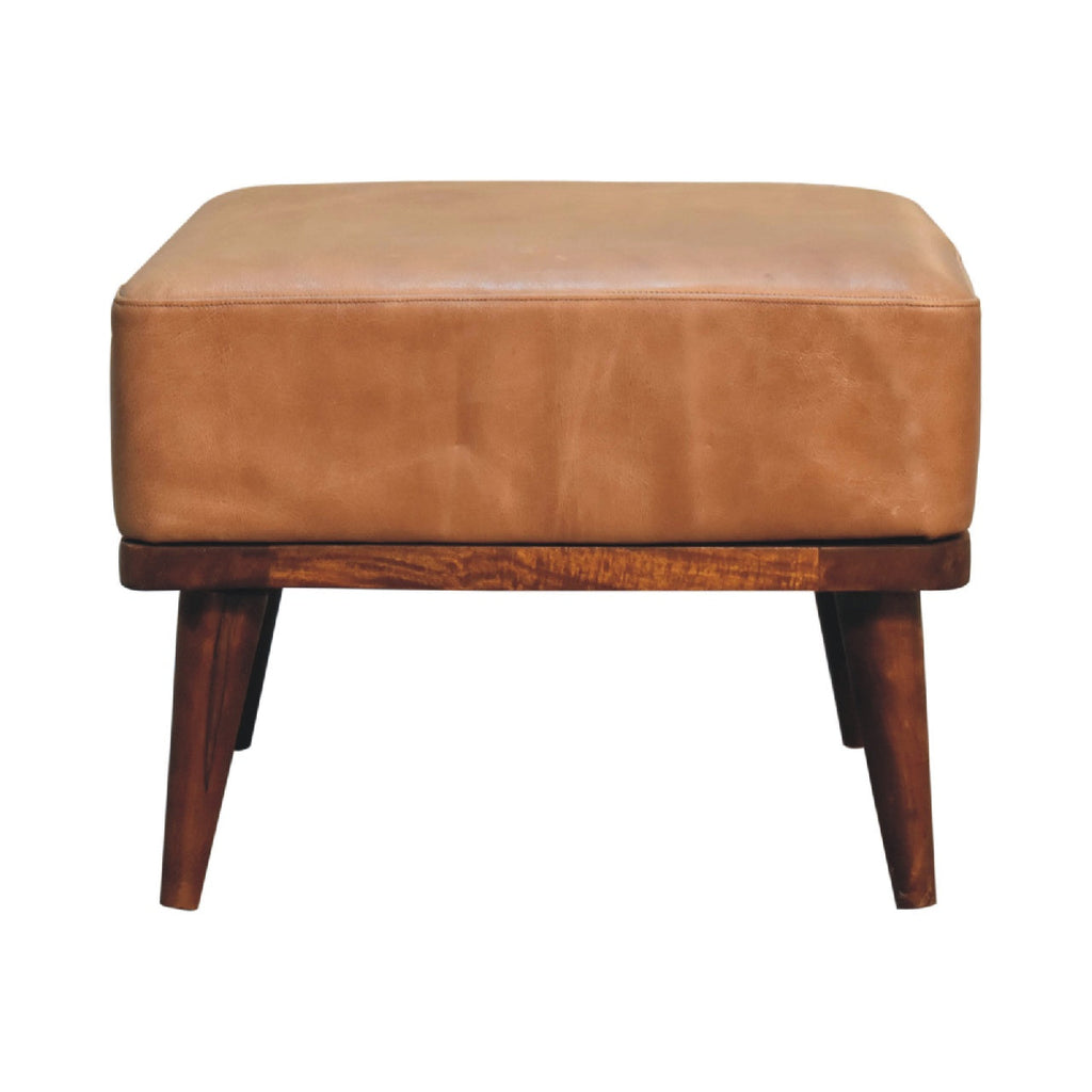 Tan Buffalo Leather Footstool, Upholstered, Nordic Legs