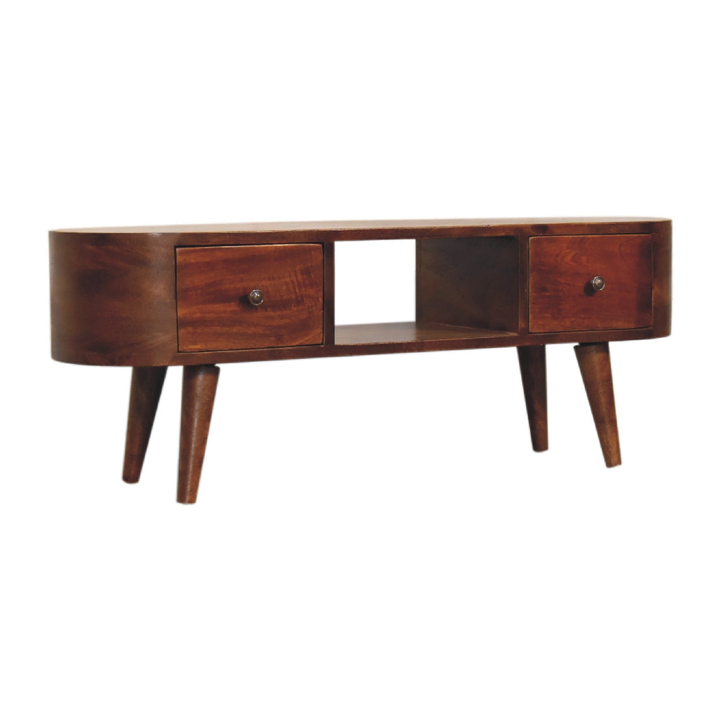 Chestnut Round Open Media Unit, 2-Drawers, 1 Open Slot