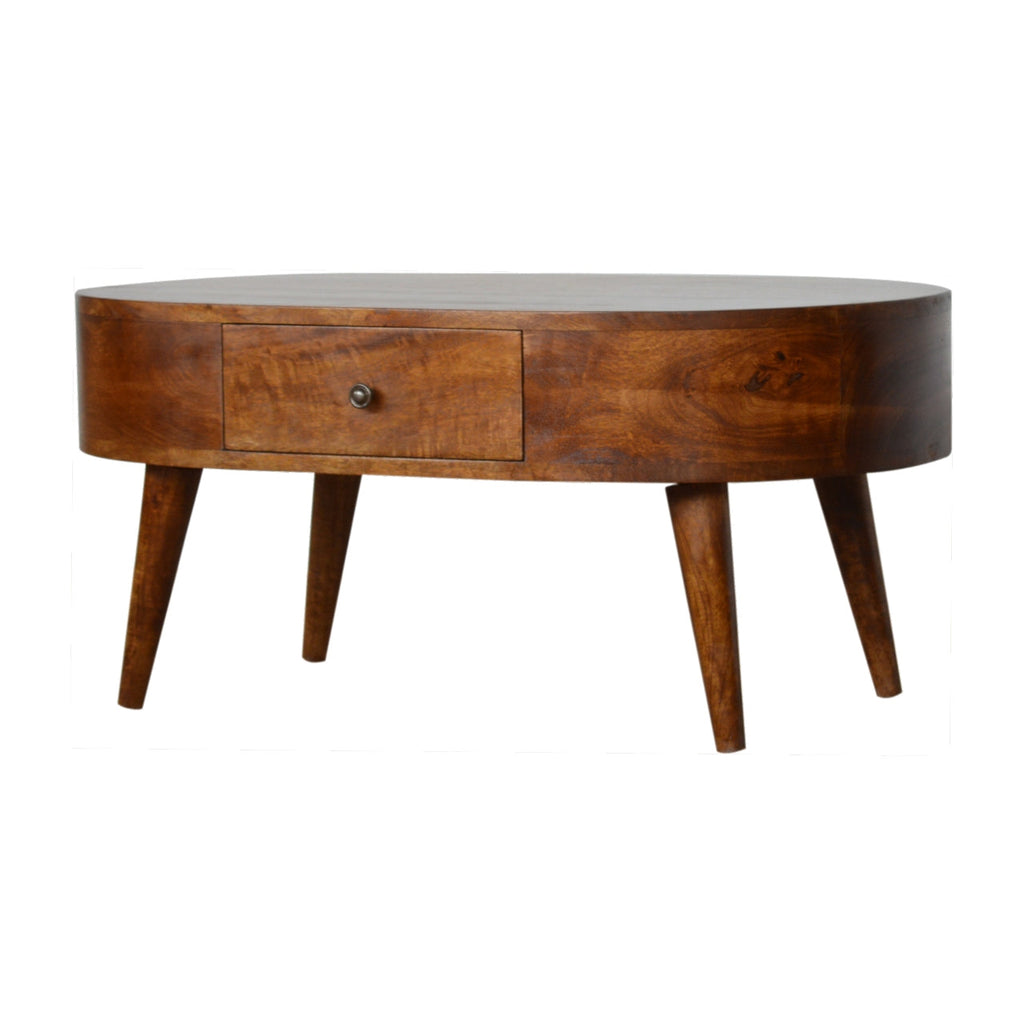 Chestnut Rounded Coffee Table, Nordic Legs, 2-Drawers