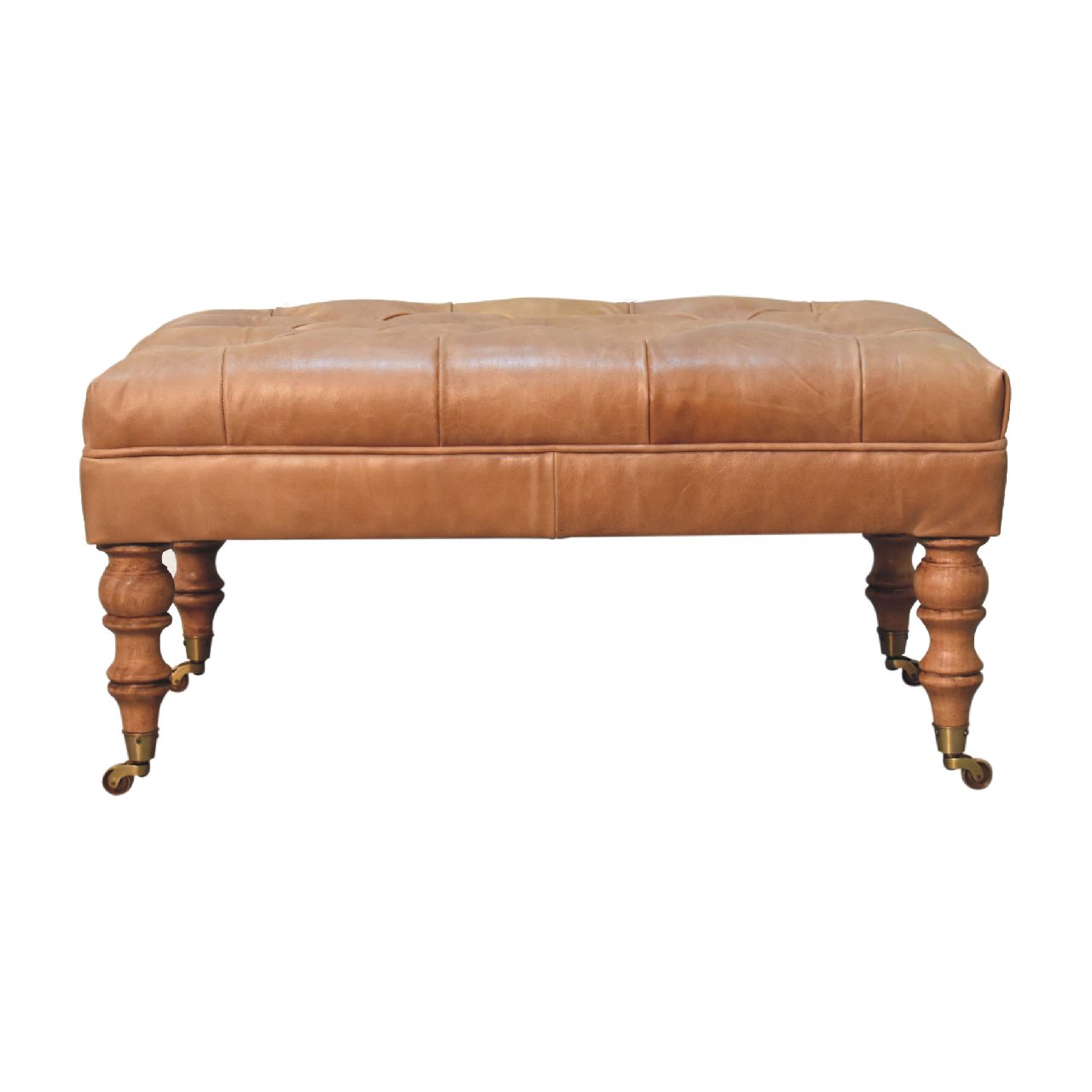 Solid Wood Buffalo Leather Ottoman with Castor Legs