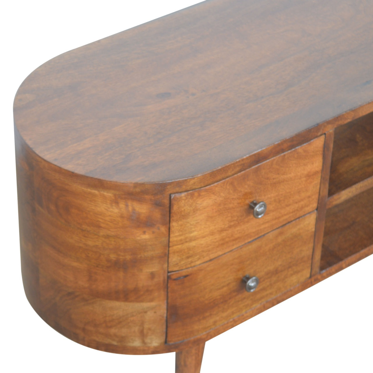 Chestnut Rounded Entertainment Unit, Nordic Legs, 4-Drawers, 2 Open Slot