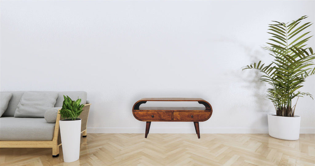 Chestnut Circular TV Stand, 2-Drawers, Open Slot, Nordic Legs