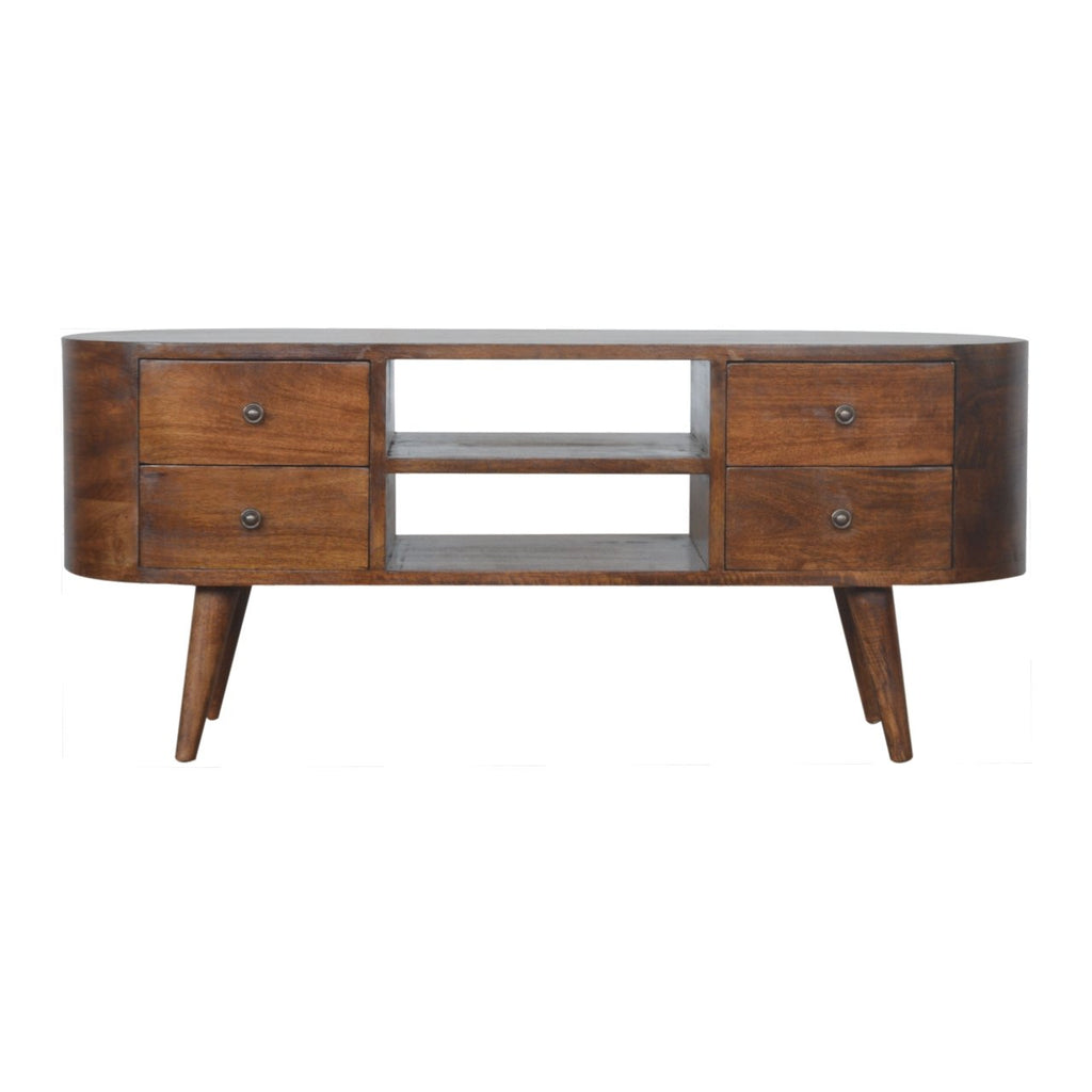 Chestnut Rounded Entertainment Unit, Nordic Legs, 4-Drawers, 2 Open Slot
