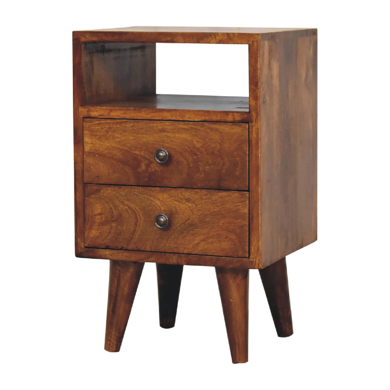 Solid Wood Mini Classic Chestnut Bedside, 2-Drawers, 1 Open Slot, Nordic Legs