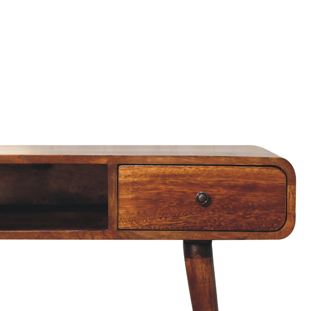 Solid Wood Curved Writing Desk, 1-Drawer, 1 Open Slot, Chestnut