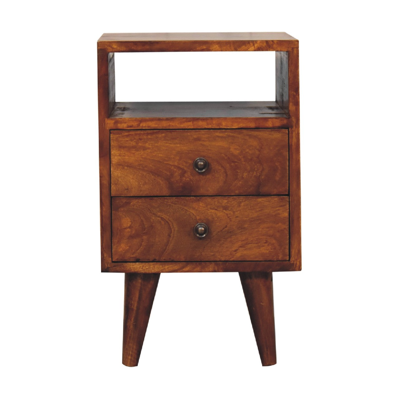 Solid Wood Mini Classic Chestnut Bedside, 2-Drawers, 1 Open Slot, Nordic Legs