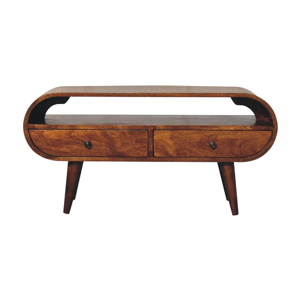 Chestnut Circular TV Stand, 2-Drawers, Open Slot, Nordic Legs