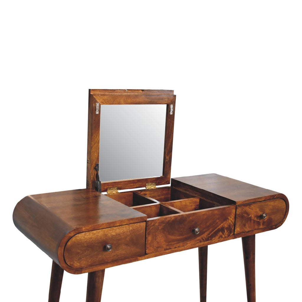 Chestnut Mirror Dressing Table, Nordic Legs, 2-Drawers, Compartments for Storage