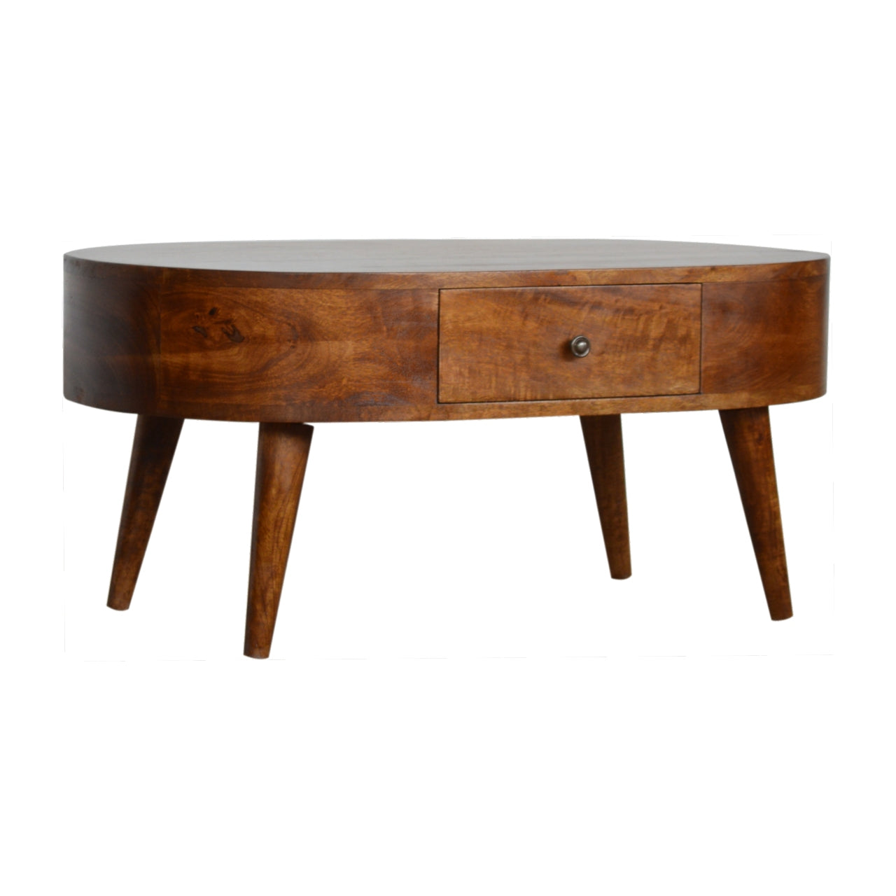 Chestnut Rounded Coffee Table, Nordic Legs, 2-Drawers