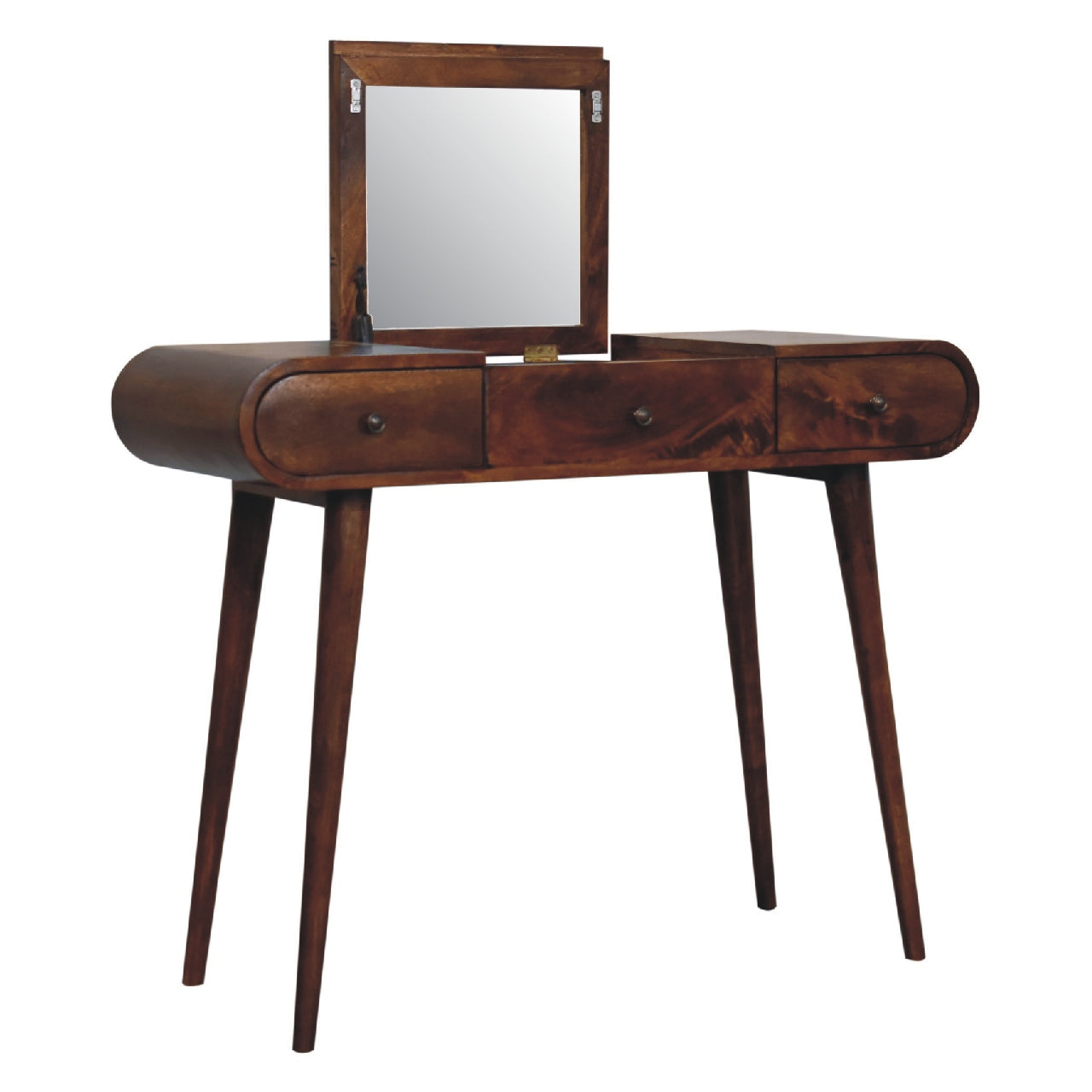 Chestnut Mirror Dressing Table, Nordic Legs, 2-Drawers, Compartments for Storage
