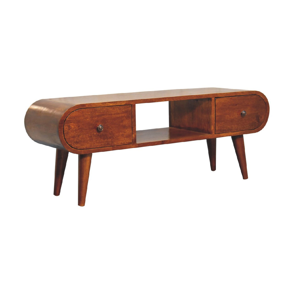Solid Wood Chestnut Circular TV Unit, Nordic Legs, 2-Drawers, Open Slot
