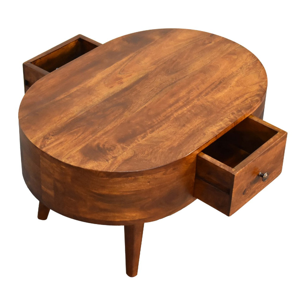 Solid Wood Mini Chestnut Rounded Coffee Table, 2-Drawers