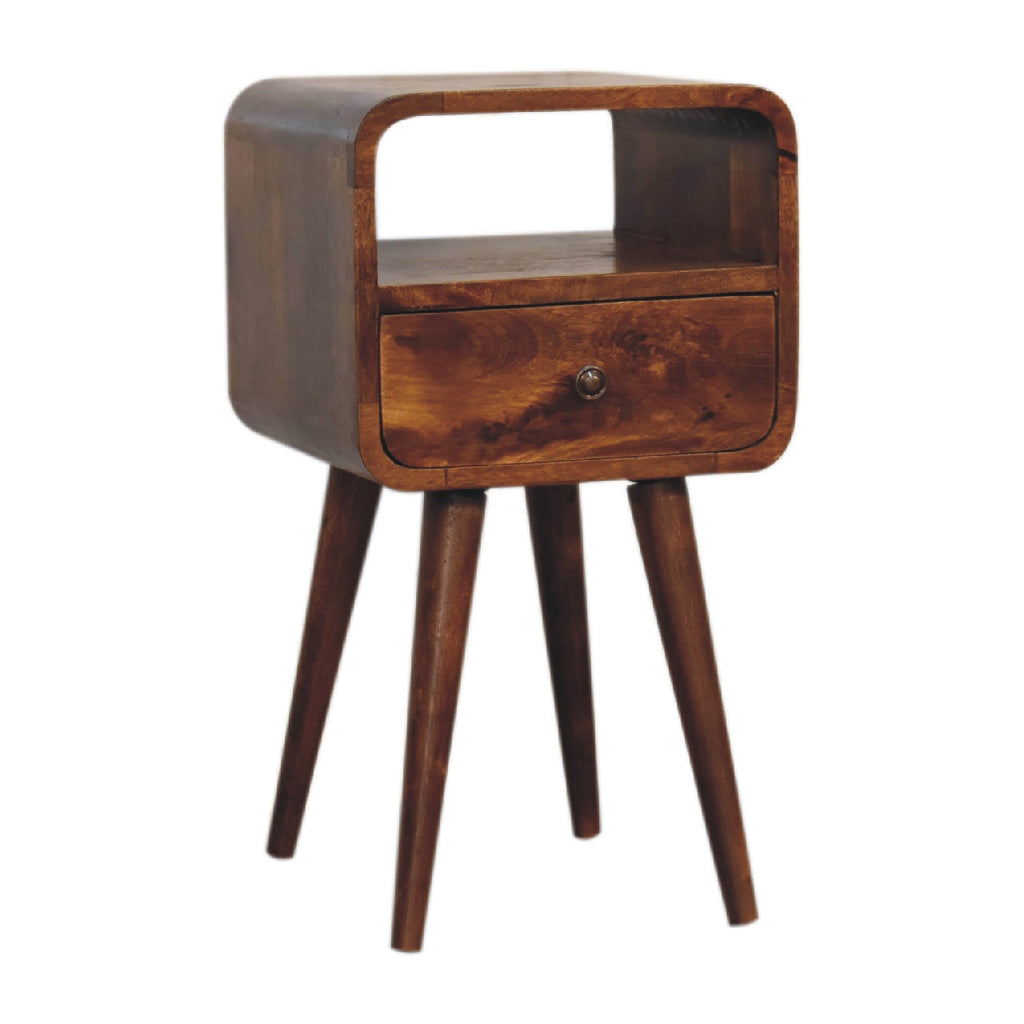 Solid Wood Mini Curve Bedside, 1-Drawer, 1 Open Slot, Chestnut